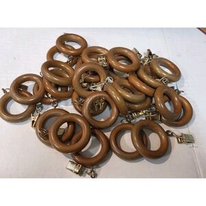 Lot of 28 Wood Curtain Rings with Brass Clips 1.75" OD Fits 1" Rod Drapery